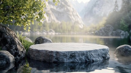 Natural Stone in Calm Water with Rocky Background