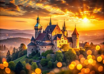 Fototapeta premium Majestic Sovinec Castle, Czech Republic - Romantic Bokeh Sunset