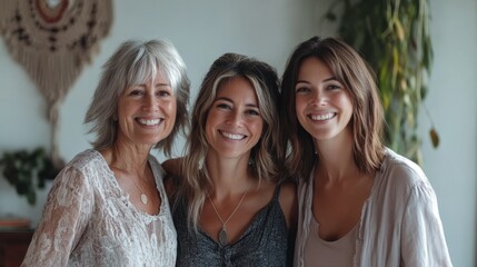Smiling caucasian women: grandmother, mother, and daughter at home