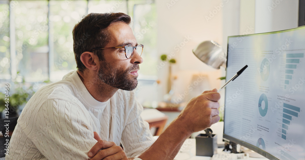Poster Graphs, finance and man on computer in home for review of growth for report, charts or data analysis. Reading, remote work or financial analyst with screen for research, solution or problem solving