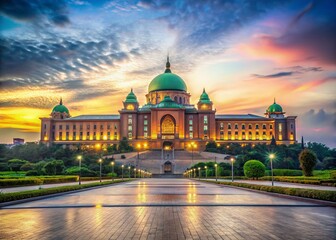 Fototapeta premium Malaysian Government Building Sunrise, Putrajaya Office Exterior, Early Morning Sunlight, Prime Minister's Office, Administrative Center