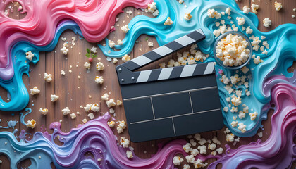 Clapperboard and Popcorn on Colorful Paint Splashes