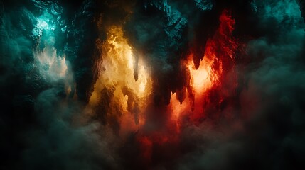Obraz premium Fiery, smoky cave with teal, orange, and red hues.