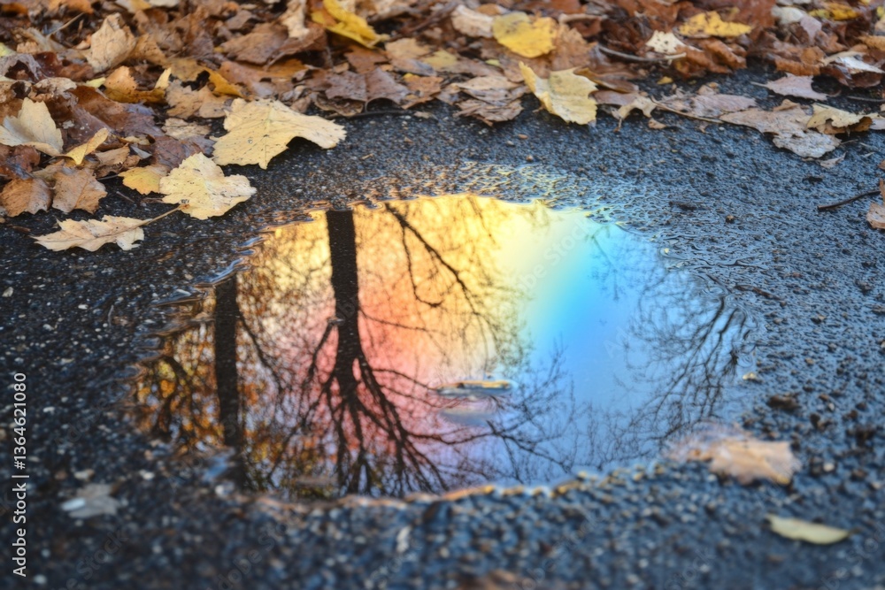 Poster reflections of autumn colors in a puddle surrounded by fallen leaves in a serene park setting