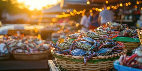 A vibrant market stall showcasing Maryland blue crabs in baskets at sunrise. 