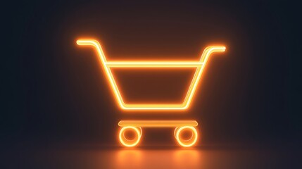 Glowing neon shopping cart icon in orange and white with illuminated edges on dark background

