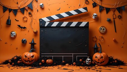 Halloween Movie Night Scene with Pumpkins and Clapperboard