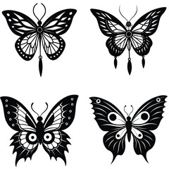 Collection of colorful vector butterflies with intricate wings, silhouettes, and a design perfect for nature-inspired art and tattoo decoration