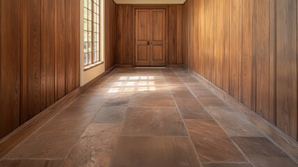 Long Brown Wood Hallway with Large Stone Floor Tiles and Natural Light