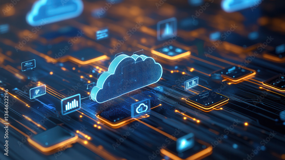 Poster conceptual artwork of cloud computing with data flow, glowing icons, and futuristic digital connecti