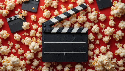 Movie Clapperboard and Popcorn on Red Background