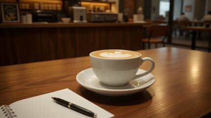 Cappuccino with Latte Art on Wooden Caf&eacute; Table with Notebook and Pen