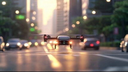 Fototapeta premium Futuristic Drone Delivery Cityscape Aerial Tech Urban Sunset