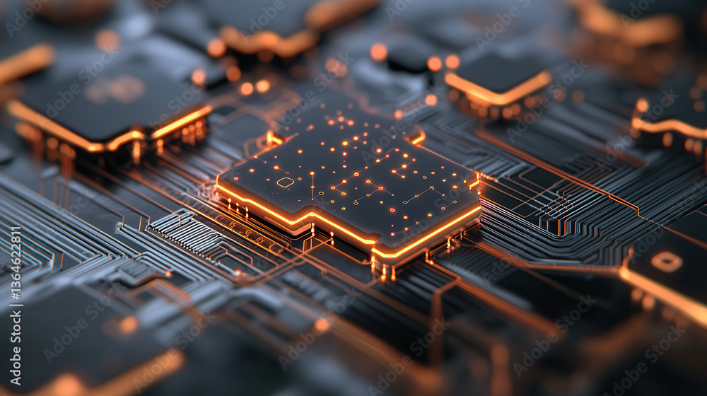 Poster futuristic glowing microchip with intricate circuits, showcasing advanced technology and innovation 