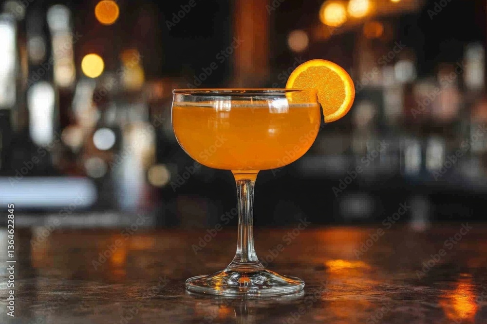 Poster refreshing cocktail served in an elegant glass with a slice of orange garnish at a vibrant bar setti