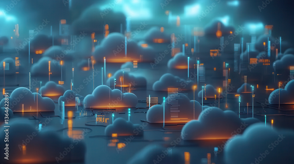 Poster futuristic digital cloud network with glowing data streams and vibrant neon lights, symbolizing adva