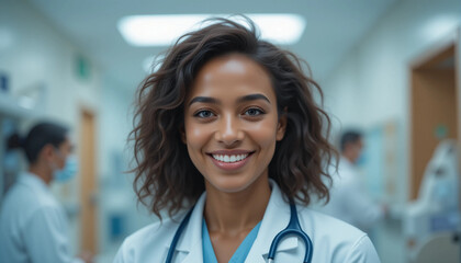 Fototapeta premium Portrait of smiling doctor in hospital doctor, hospital, stethoscope, medicine, health, medical, healthcare, smiling, office, clinic, nurse, care, 