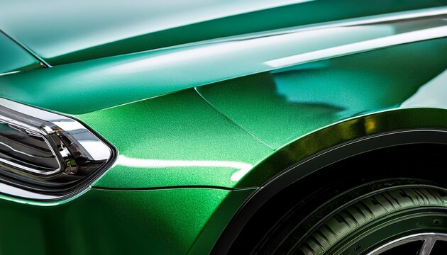 Close up detail of green metallic paint coating car body. Generated image