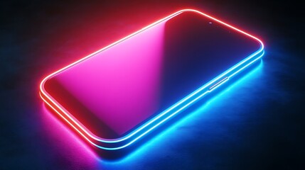 Glowing neon smartphone icon in cyan and magenta with illuminated edges on dark background

