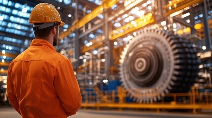 A worker in an orange jumpsuit and helmet observes large machinery in a factory setting, highlighting industrial processes and safety, Green Technology.