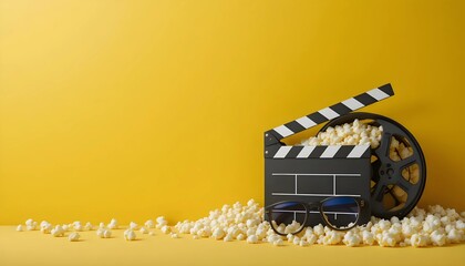 Popcorn, Clapperboard, and 3D Glasses on Yellow Background