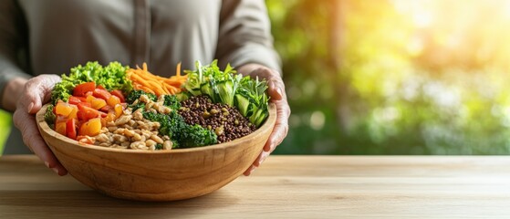 Close-up of a person's hands nurtu a large wooden bowl full of an appetizing, nutritious salad composed of colorful vegetables, grains, and protein.
