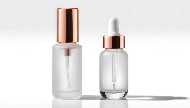 Cosmetic serum bottles mockup with dropper caps on white surface