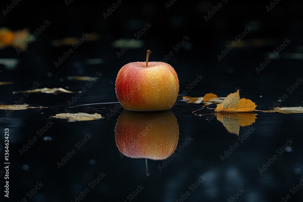 Aufkleber fresh apple floating on dark water surrounded by autumn leaves in serene nature setting during early