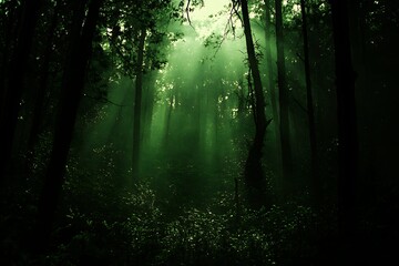 Light Streaks Illuminate a Dense Forest Through Dark Tree Trunks