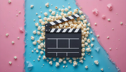 Popcorn and Clapperboard on Pastel Pink and Blue Background