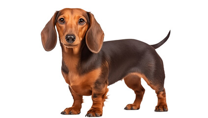 dachshund dog with a shiny black coat featuring tan markings, standing on a plain white background, showcasing its long body and unique physical traits isolated on transparent background png