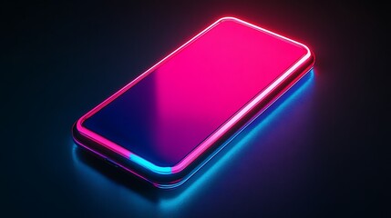 Glowing neon smartphone icon in cyan and magenta with illuminated edges on dark background

