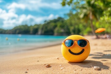 Naklejka premium Bright yellow smiley face wearing sunglasses on a tropical beach under clear blue skies