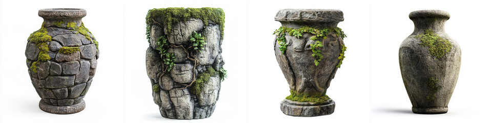 Ancient stone vases with intricate carvings and moss covered details showcase nature beauty and craftsmanship