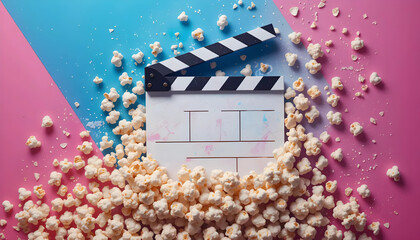 Popcorn and Film Clapper Board on Pastel Background