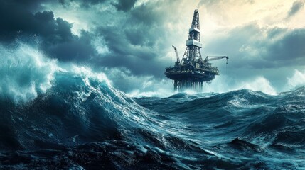 Obraz premium Oil rig battered by storm waves