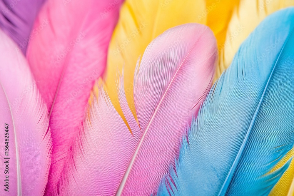 Poster colorful feathers in vibrant shades, creating an artistic arrangement in a bright setting