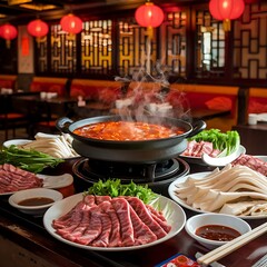 Spicy Sichuan Hot Pot with Assorted Ingredients in a Traditional Chinese Restaurant