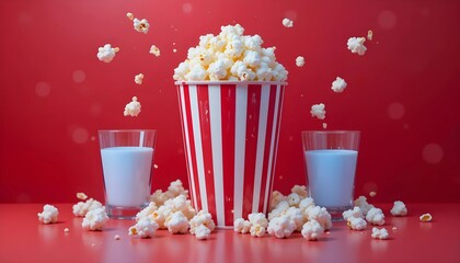 Popcorn and Milk: Red Striped Bucket and Spilled Kernels on Red Background