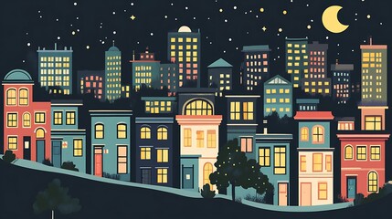 Naklejka premium Night Cityscape with Hilltop View.