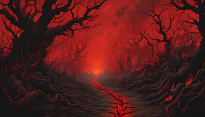 A Crimson Path Through a Fiery, Desolate Forest
