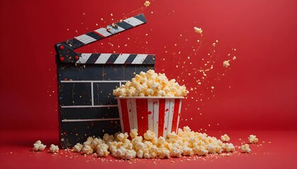 Popcorn and Movie Clapperboard on Red Background