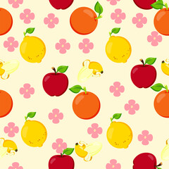 Seamless pattern with fresh fruits including apples, oranges, bananas, and lemons with floral elements on a soft pastel background. Ideal for packaging, textiles, gift wrapping, and kitchen decor
