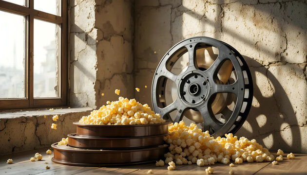 Popcorn and Film Reels in a Rustic Setting
