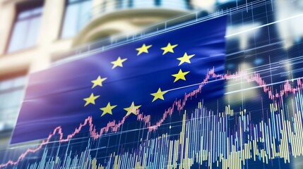 Eu flag with stock market chart and growth arrows symbolizes economic growth and financial trends in europe.