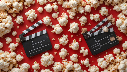 Popcorn and Movie Clapperboards on Red Background