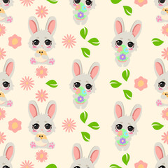 Seamless Easter pattern with cute bunnies, baby chicks, flowers, and green leaves on a soft pastel background. Perfect for holiday decor, wrapping paper, greeting cards, textiles