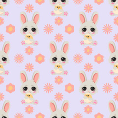 Seamless Easter pattern with cute bunnies, baby chicks, and blooming flowers on a soft pastel background. Ideal for holiday wrapping paper, greeting cards, fabric prints, and seasonal decorations