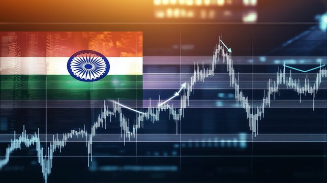 Indian flag with stock market graph symbolizes economic growth and financial trends.
