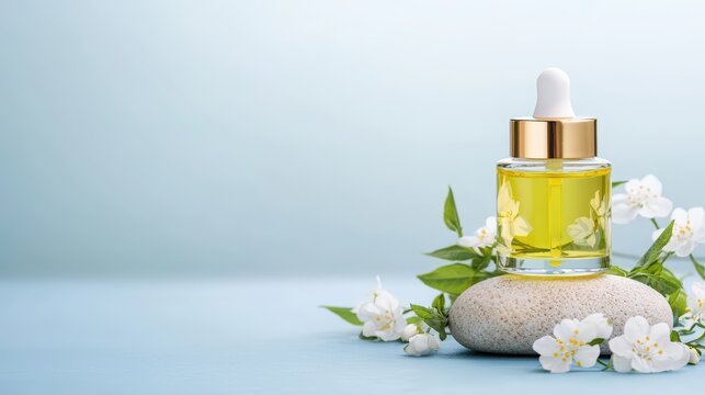 A bottle of cleansing oil resting on a smooth rock, surrounded by tea leaves and white blossoms, in a minimalist style with a clean background, promoting gentle and effective makeup removal solutions